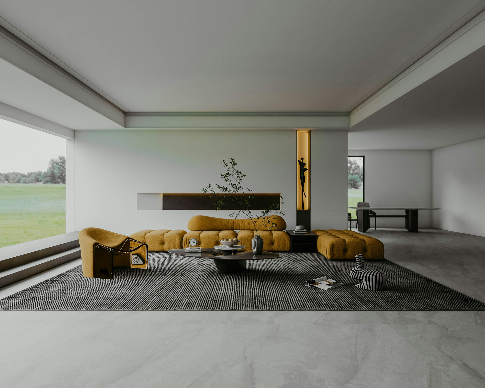 Double-height room with white walls, a mustard modular sofa on a dark rug and a window onto a meadow