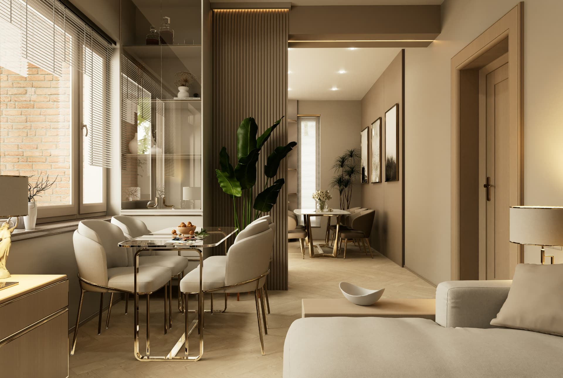 Lit fluted timber panel beside a dining table with a gilded metal frame