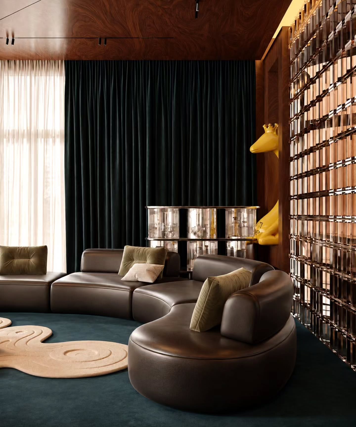 Living room with curtains, sofa and timber shelving