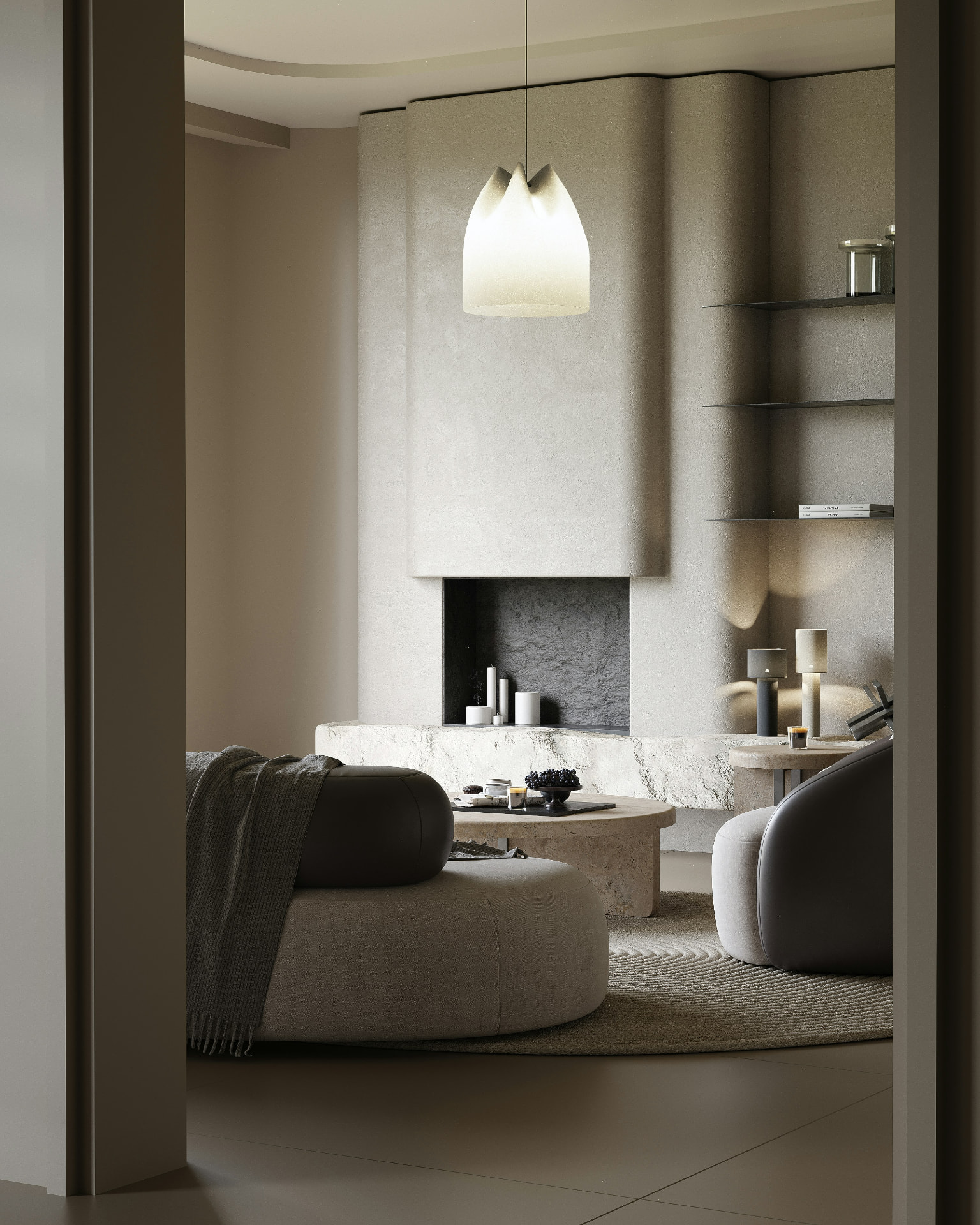 Living room with a curved plaster fireplace, carved stone bench and translucent pendant lamp